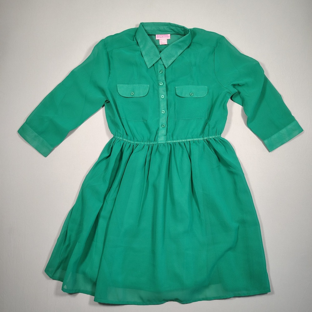 She's Cool Shirt Dress Women L Green Chiffon Button Up Roll Tab Sleeve Polyester - Picture 2 of 11